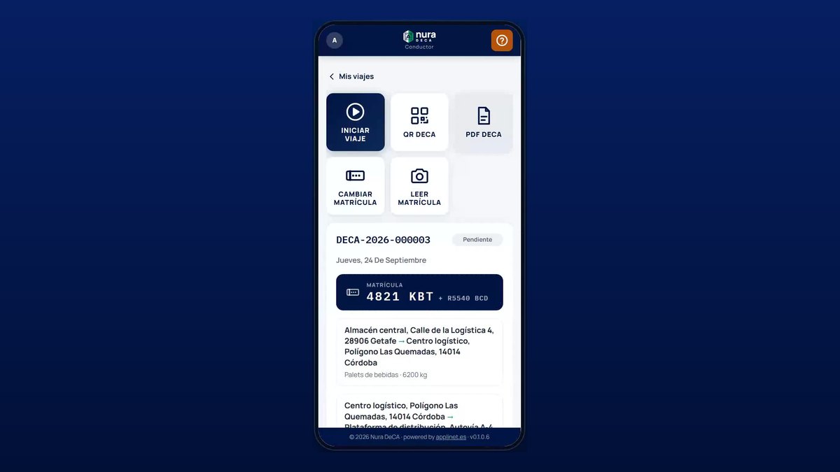 Aplicación del conductor de Nura DeCA con los accesos a iniciar viaje, QR y PDF del DeCA
