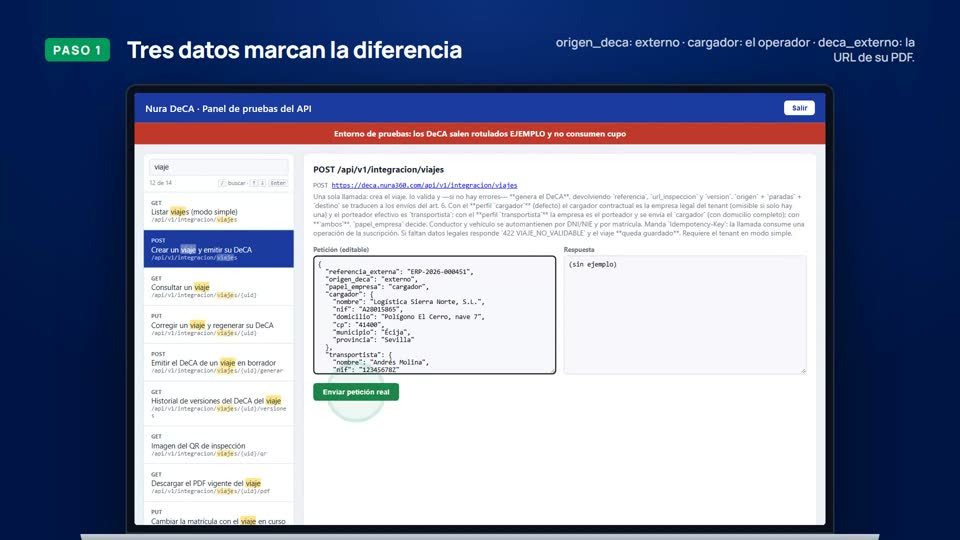 Consola de pruebas de la API de Nura DeCA